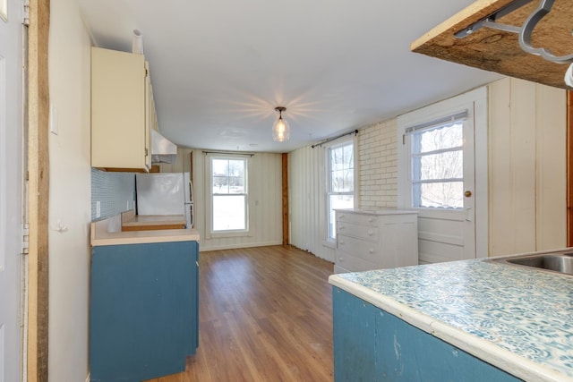 kitchen with blue cabinetry, light countertops, wood finished floors, and freestanding refrigerator