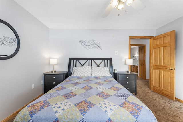 bedroom with dark colored carpet, ceiling fan, and baseboards