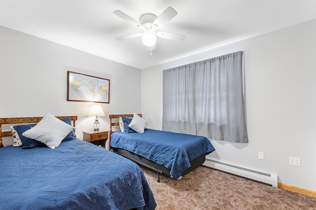 carpeted bedroom featuring ceiling fan, a baseboard heating unit, and baseboards