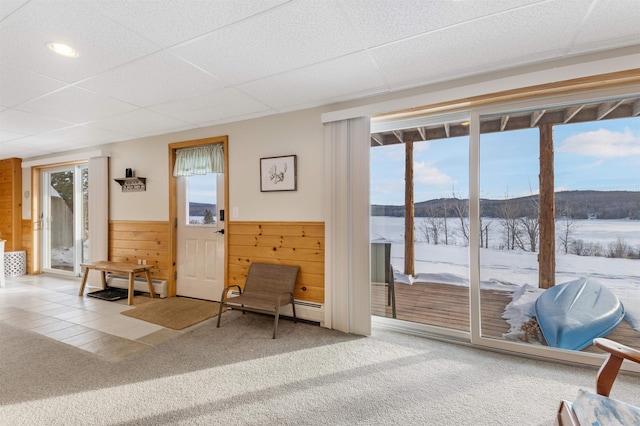 sitting room with carpet floors, a wainscoted wall, a paneled ceiling, baseboard heating, and wooden walls