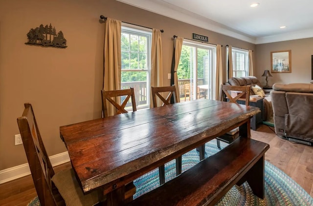 dining space featuring crown molding, baseboards, wood finished floors, and recessed lighting