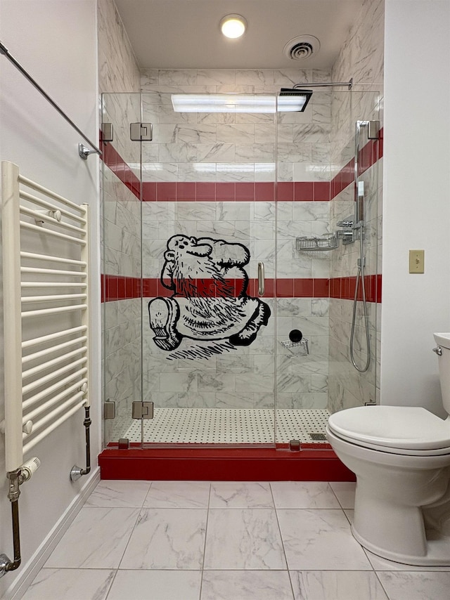 bathroom featuring visible vents, toilet, radiator heating unit, marble finish floor, and a shower stall