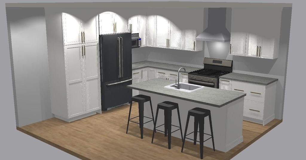 kitchen with a center island with sink, freestanding refrigerator, a sink, stainless steel gas range, and premium range hood