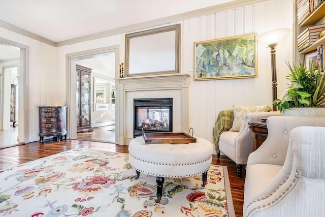 living area with ornamental molding, dark wood-style flooring, and a multi sided fireplace