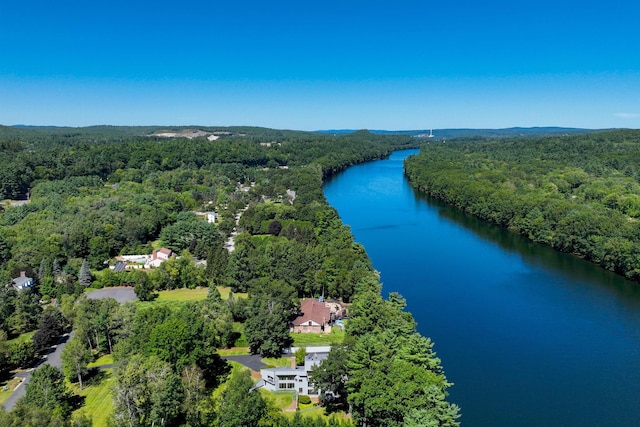 drone / aerial view featuring a water view and a wooded view