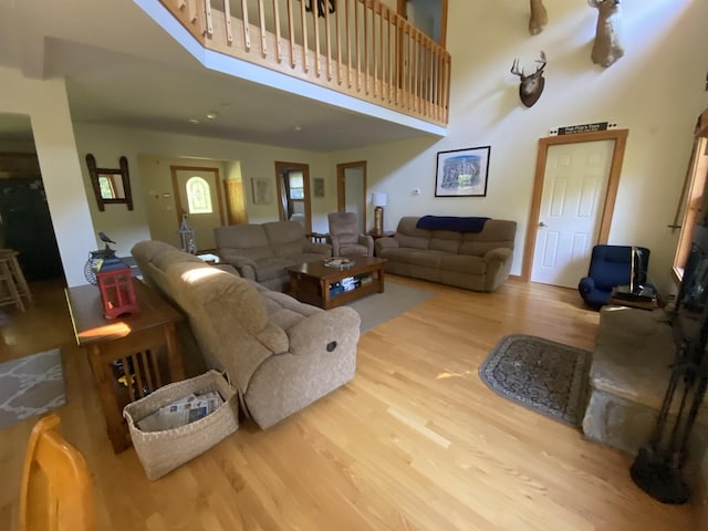 living area featuring a high ceiling and light wood finished floors