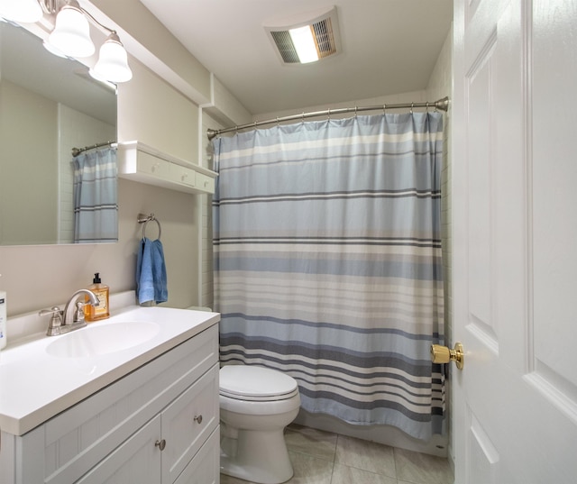 bathroom featuring visible vents, a shower with shower curtain, toilet, tile patterned flooring, and vanity