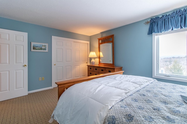 bedroom with a closet, carpet, and baseboards