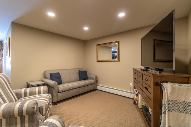 living room with light carpet, a baseboard radiator, baseboards, and recessed lighting