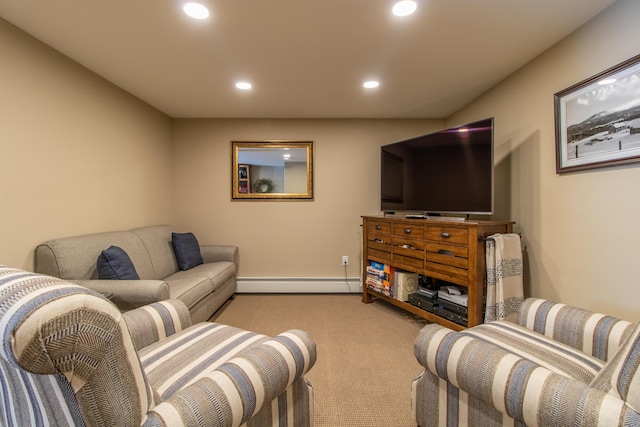 living room featuring recessed lighting, baseboards, light colored carpet, and baseboard heating