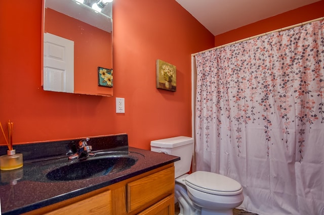 full bathroom featuring toilet, a shower with shower curtain, and vanity