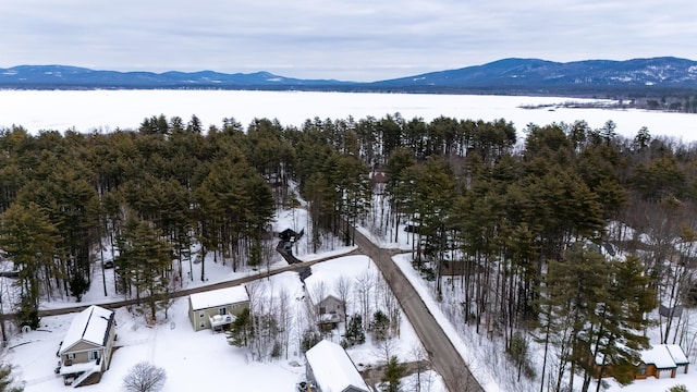 snowy aerial view with a mountain view