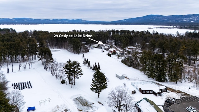 snowy aerial view featuring a mountain view