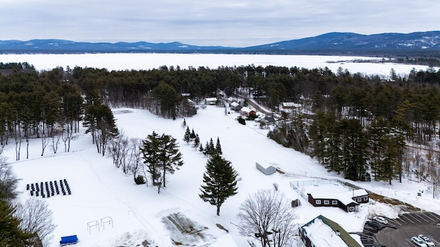 snowy aerial view featuring a mountain view