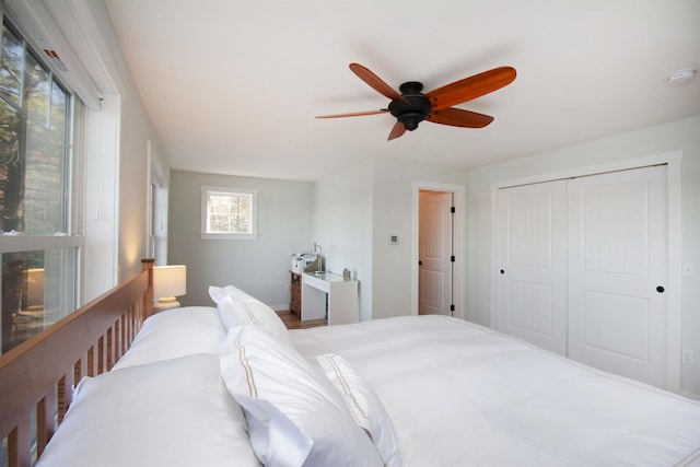 bedroom featuring ceiling fan and a closet