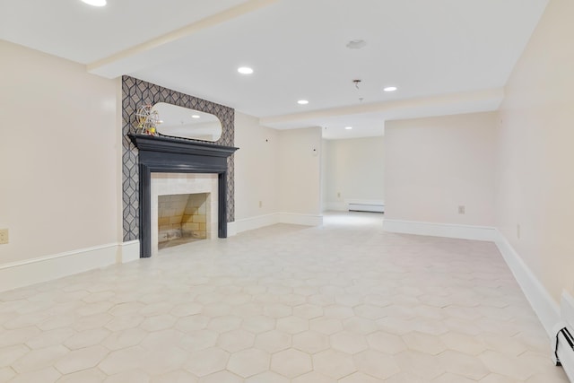 unfurnished living room featuring a baseboard heating unit, baseboards, a fireplace, and beamed ceiling