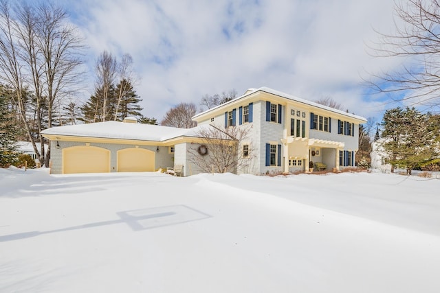 view of front of house featuring brick siding, a chimney, an attached garage, and a pergola