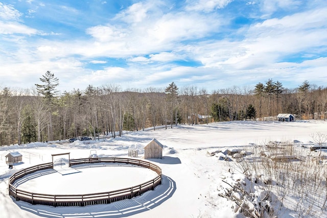 snowy yard with a forest view