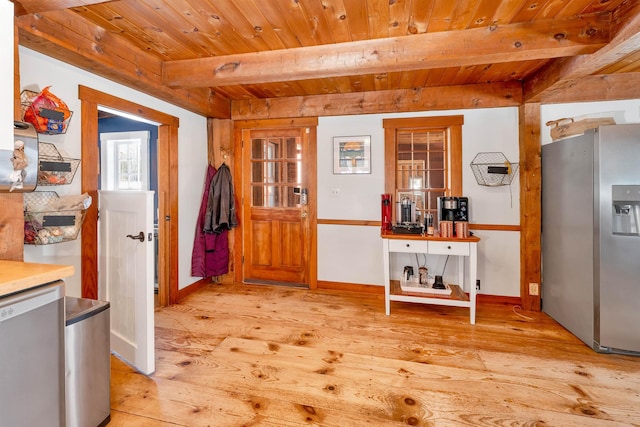 kitchen with light wood-style floors, wood ceiling, stainless steel appliances, and beamed ceiling