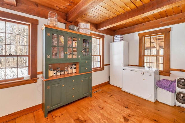 interior space featuring wooden ceiling, a healthy amount of sunlight, and light wood finished floors