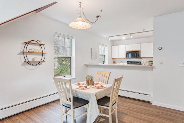 dining space with baseboards, a baseboard radiator, wood finished floors, baseboard heating, and track lighting