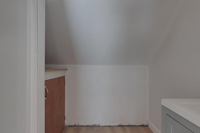 bathroom featuring vaulted ceiling and wood finished floors