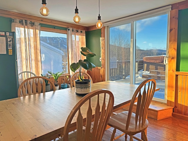 dining space featuring wood finished floors and a mountain view