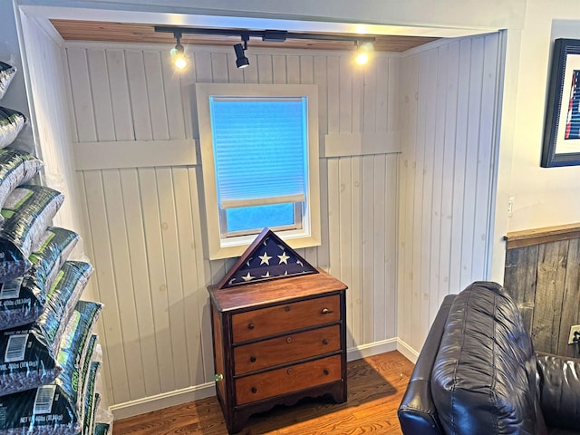 interior space with rail lighting, wooden walls, baseboards, and wood finished floors