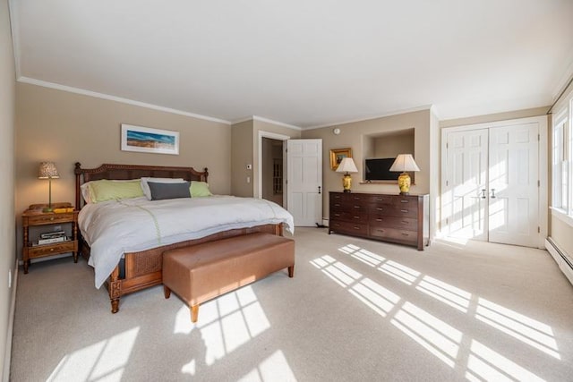 bedroom featuring light carpet and crown molding