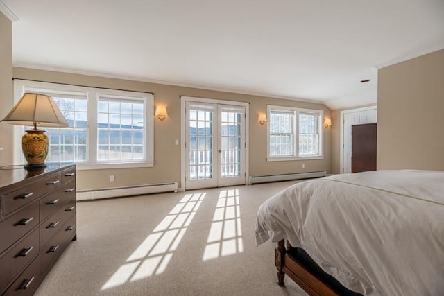 bedroom featuring a baseboard radiator, light colored carpet, a baseboard heating unit, access to exterior, and french doors