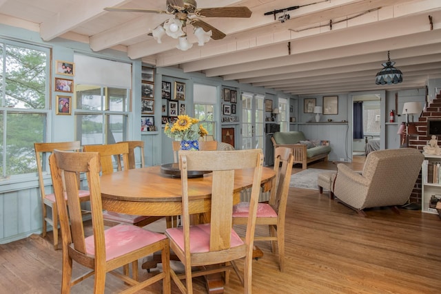 dining area featuring light wood-style floors, beamed ceiling, and a ceiling fan