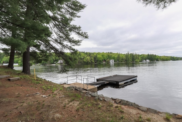 view of dock with a water view and a forest view