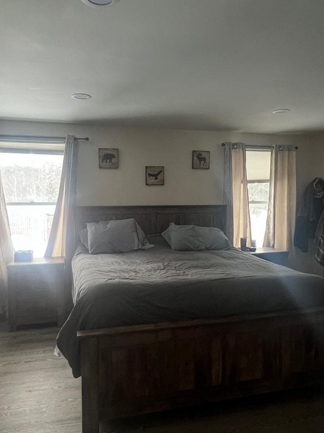 bedroom with multiple windows and wood finished floors