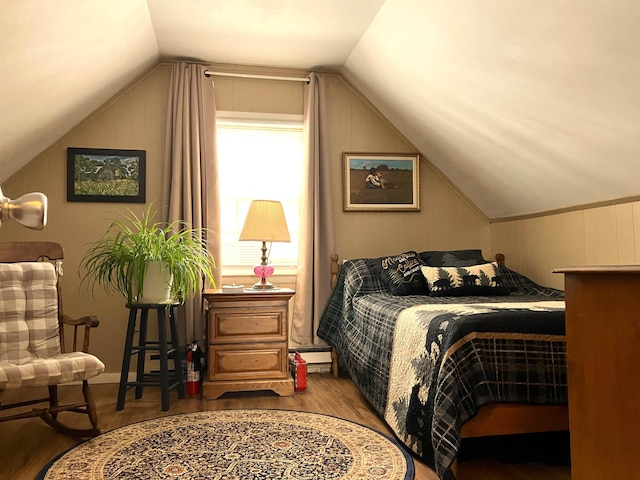 bedroom with a baseboard radiator, vaulted ceiling, and wood finished floors