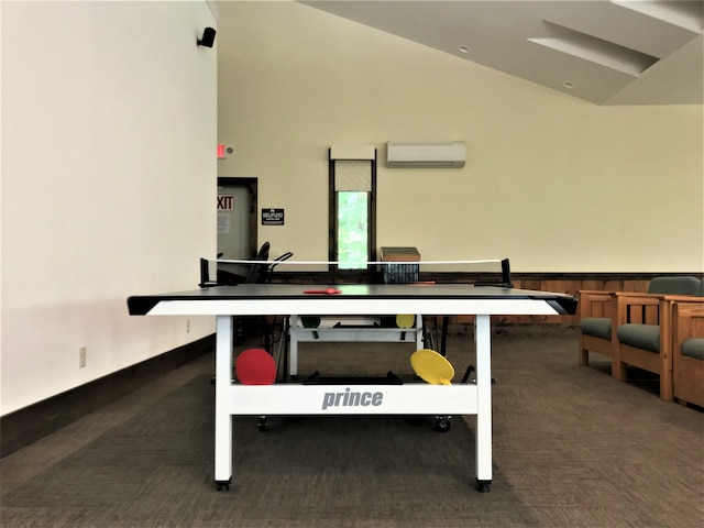 exercise room with an AC wall unit, dark colored carpet, and high vaulted ceiling