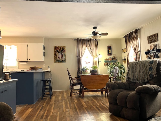 living area with a wealth of natural light, dark wood finished floors, and ceiling fan