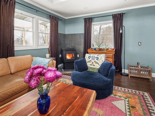 living area featuring ornamental molding, a wood stove, baseboards, and wood finished floors