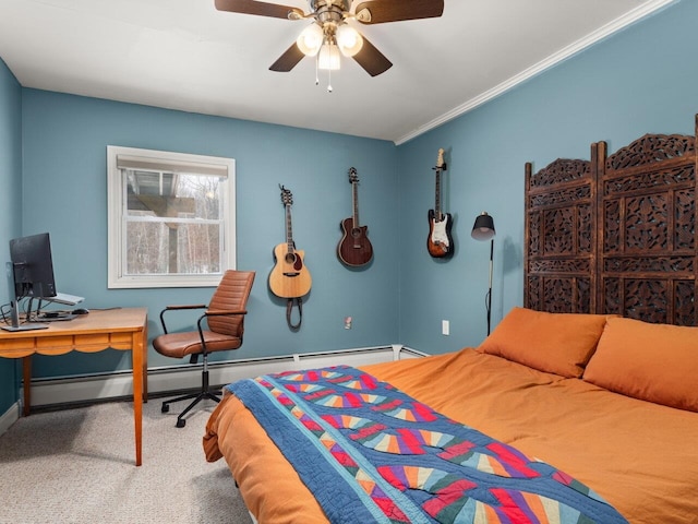 carpeted bedroom with a ceiling fan, baseboards, baseboard heating, and crown molding