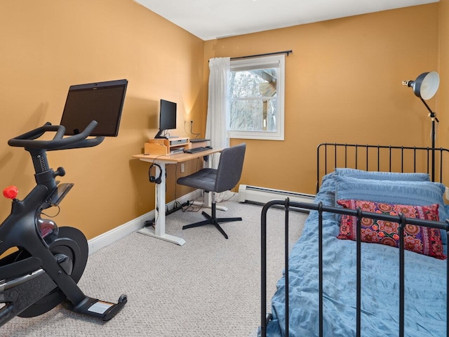 carpeted bedroom featuring a baseboard radiator and baseboards