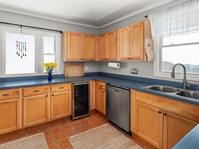 kitchen with beverage cooler, dark countertops, crown molding, stainless steel dishwasher, and a sink