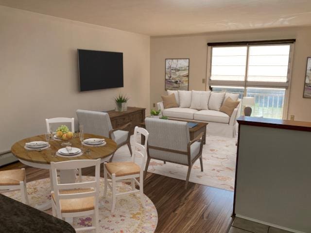 living area featuring dark wood-style flooring