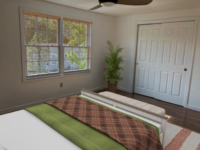 bedroom featuring dark wood-style floors, a ceiling fan, baseboards, and a closet