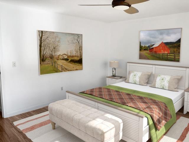 bedroom with a ceiling fan, dark wood finished floors, and baseboards