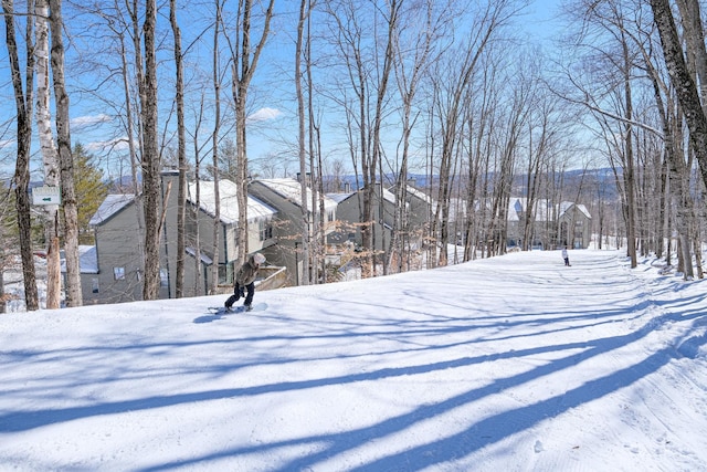 yard covered in snow with a residential view