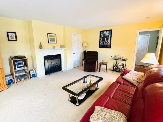 living area featuring carpet floors and a fireplace with flush hearth