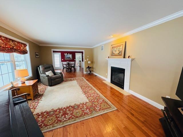 living room featuring crown molding, wood finished floors, and baseboards