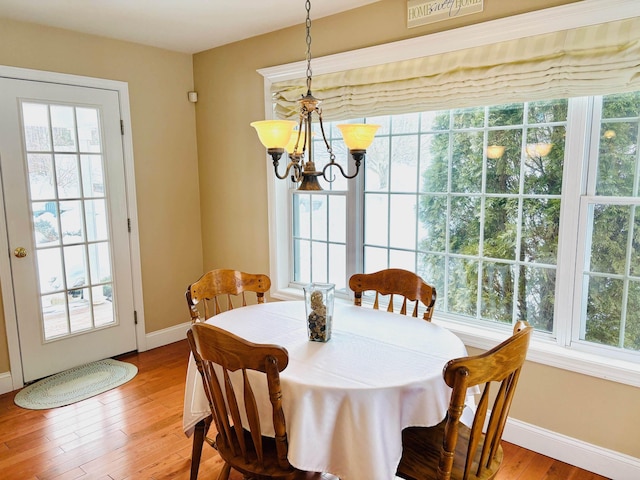 dining area featuring a wealth of natural light, baseboards, and hardwood / wood-style flooring