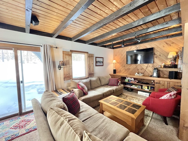 living room featuring wood ceiling, beam ceiling, and wood walls