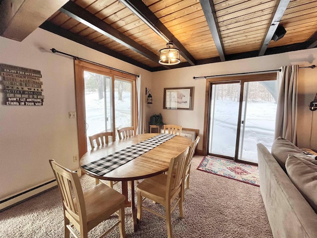 carpeted dining space with wooden ceiling, a baseboard heating unit, and beamed ceiling