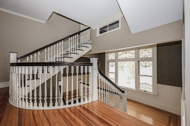 staircase featuring a decorative wall, a wainscoted wall, wood finished floors, a towering ceiling, and crown molding